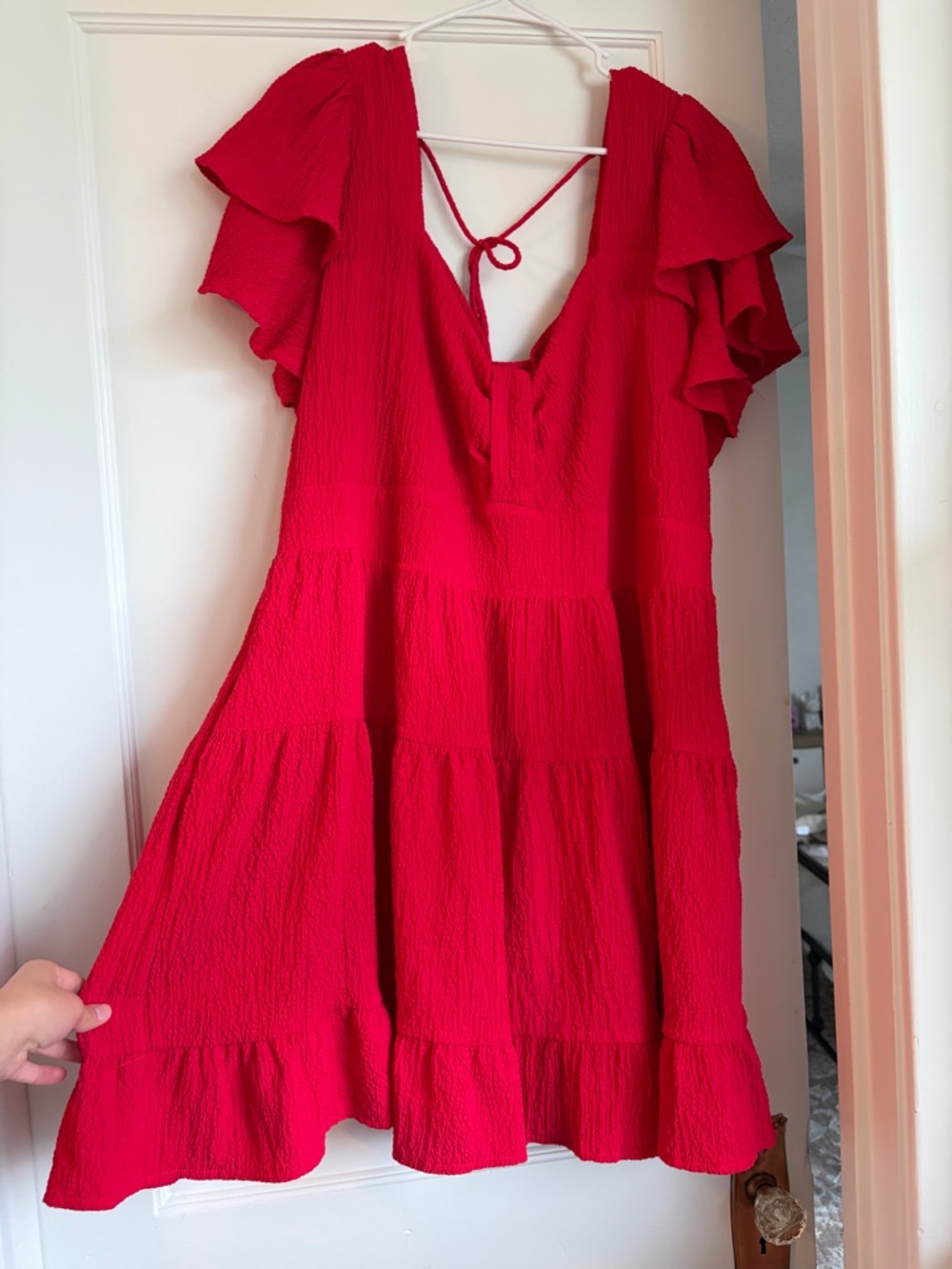 ARULA Red Tiered Flutter Sleeve Mini Dress